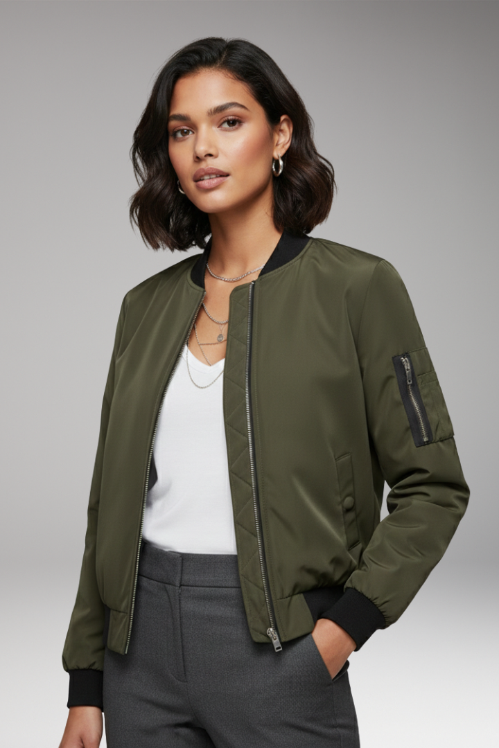 Women's Bomber Jacket with Zipper and Ribbed Hem