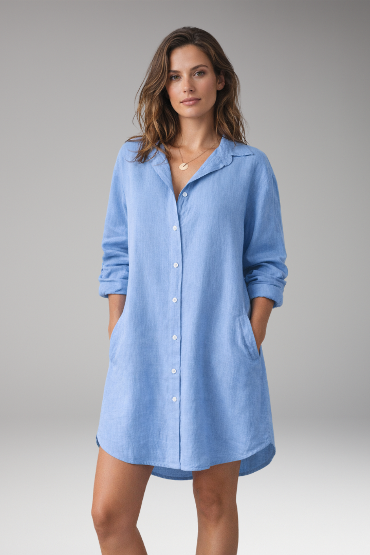 Women's Button-Down Shirt Dress - Long Sleeves, Loose Fit with Pockets and Fabric Nivarena Women's Button-Down Shirt Dress - Long Sleeves, Loose Fit with Pockets and Fabric Nivarena
