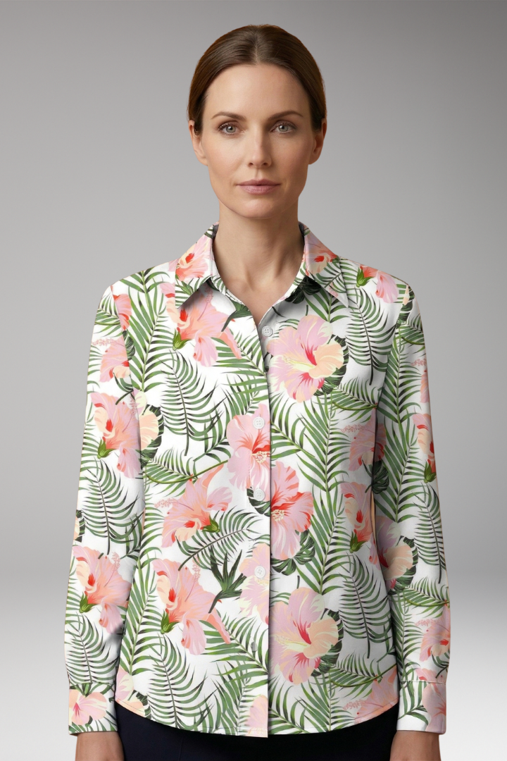 Women's Button-Down Shirt with Floral Print and Long Sleeves