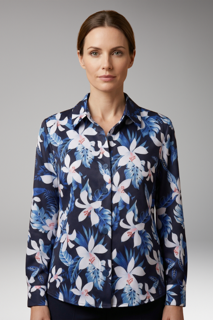 Women's Button-Down Shirt with Floral Print and Long Sleeves