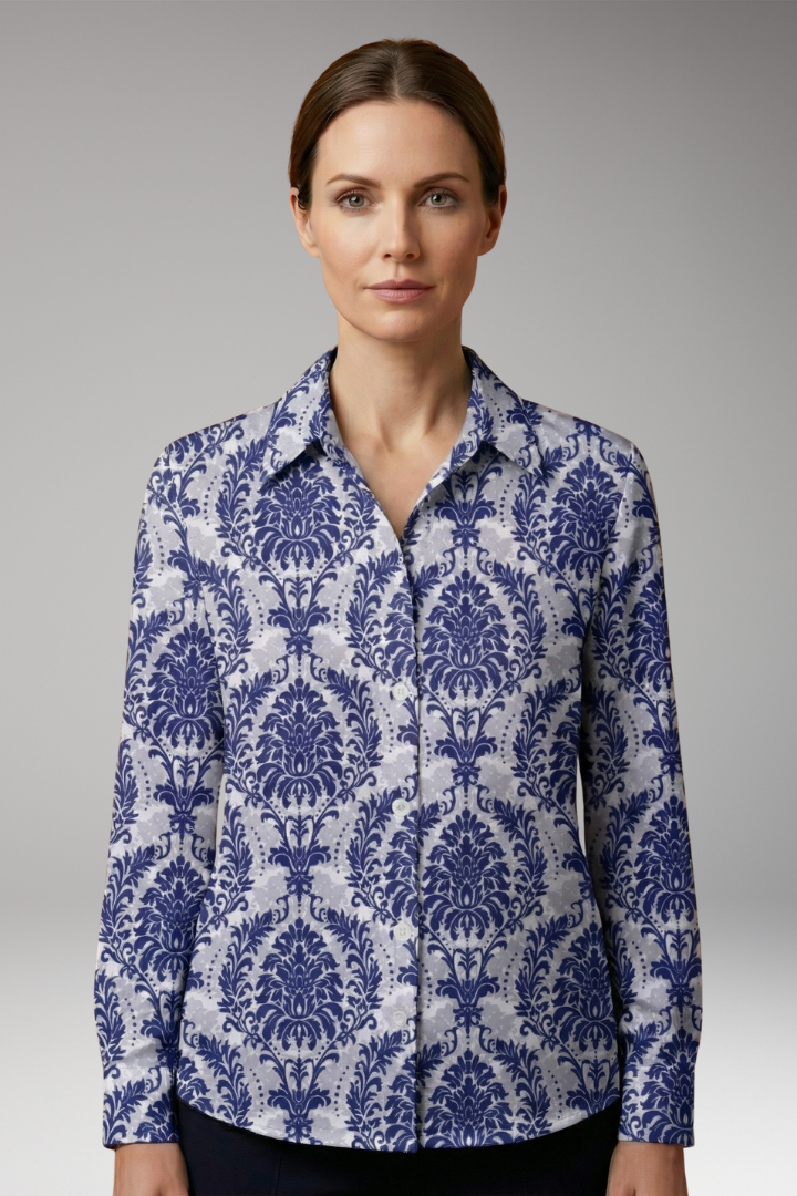 Women's Button-Down Shirt with Floral Print and Long Sleeves
