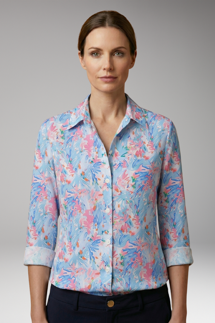 Women's Button-Down Shirt with Floral Print and Long Sleeves