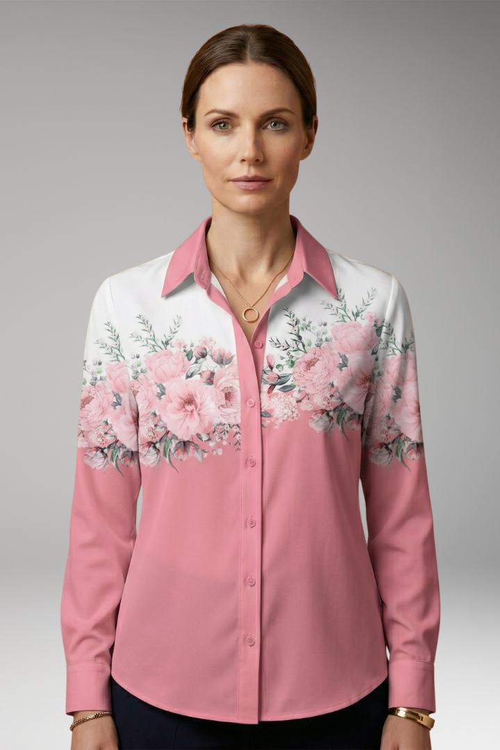 Women's Button-Down Shirt with Floral Print and Long Sleeves