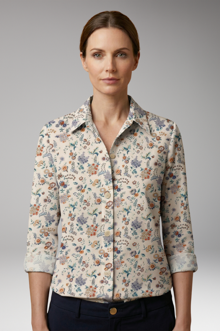 Women's Button-Down Shirt with Floral Print and Long Sleeves