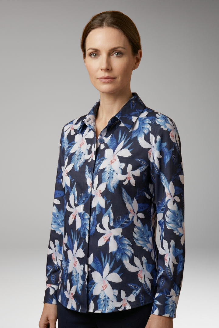 Women's Button-Down Shirt with Floral Print and Long Sleeves
