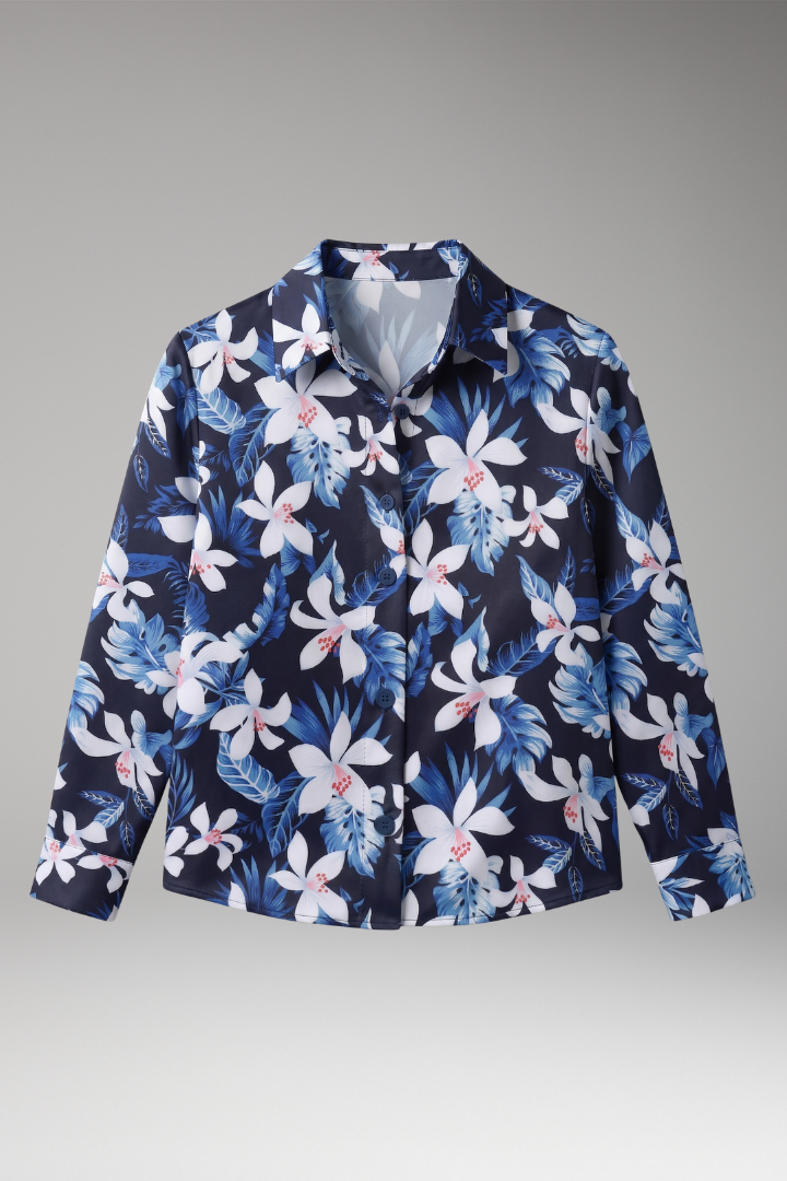 Women's Button-Down Shirt with Floral Print and Long Sleeves