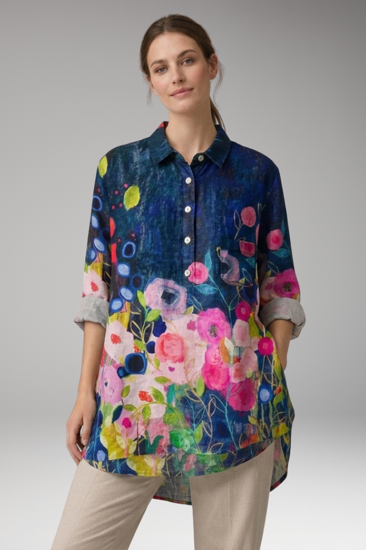 Women's Button-Down Shirt with Floral Print and Rolled Sleeves