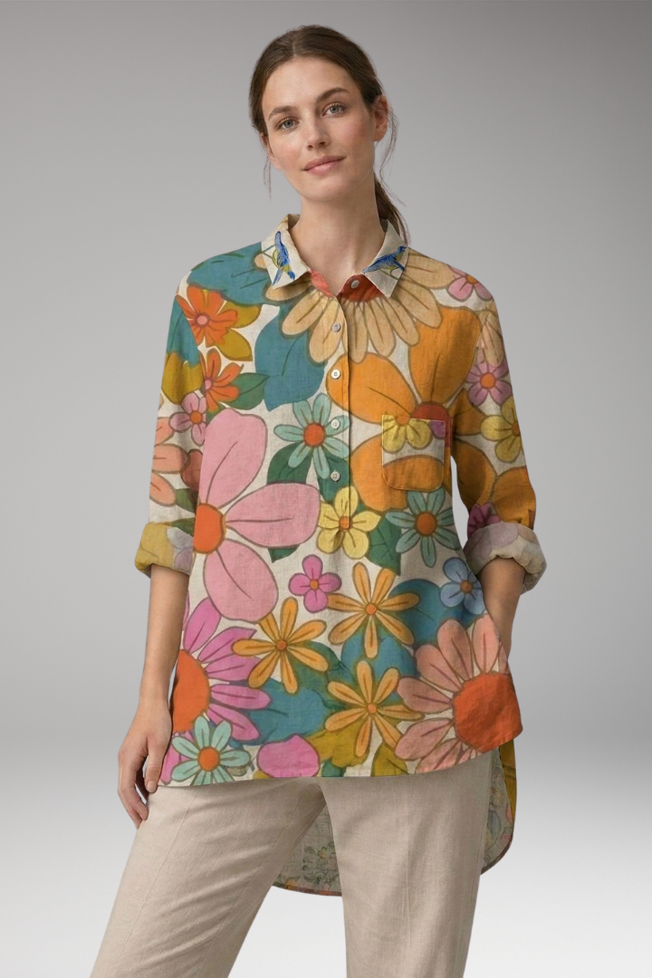 Women's Button-Down Shirt with Floral Print and Rolled Sleeves