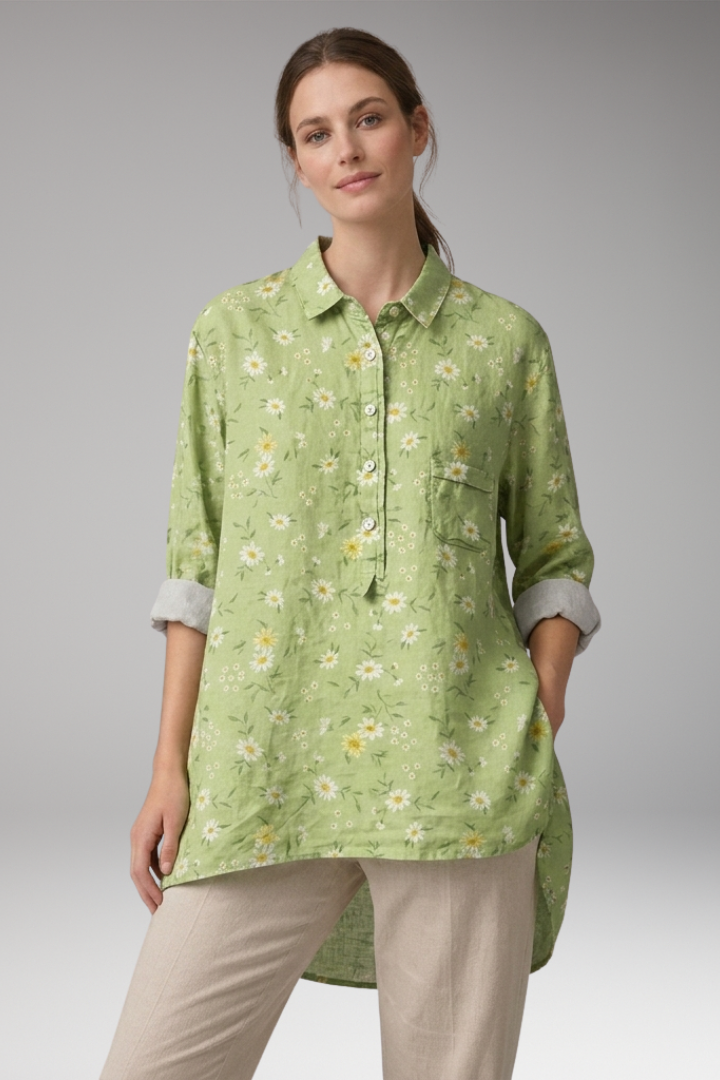 Women's Button-Down Shirt with Floral Print and Rolled Sleeves