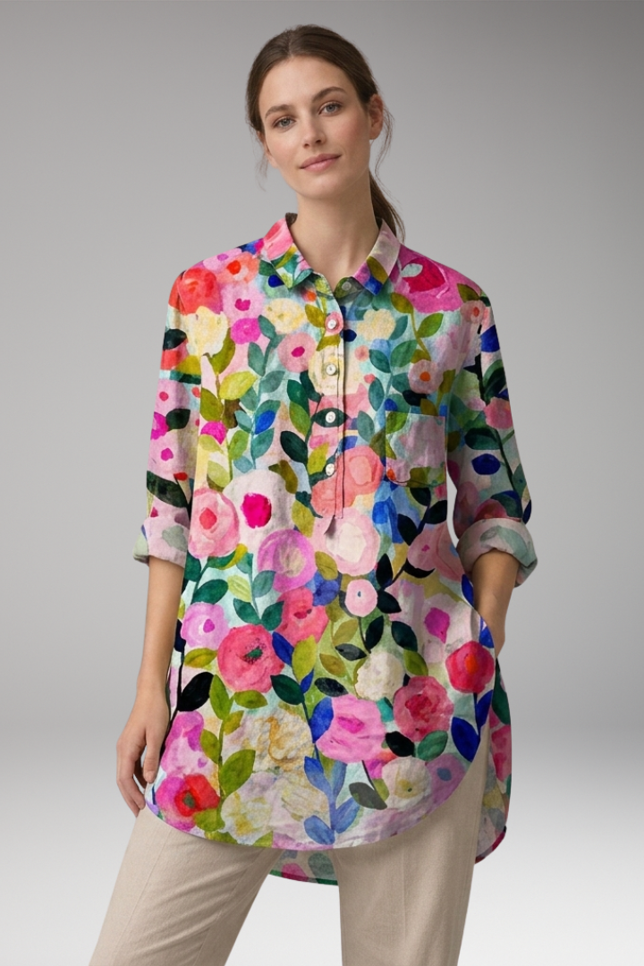 Women's Button-Down Shirt with Floral Print and Rolled Sleeves
