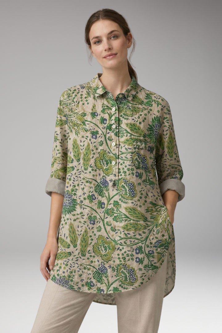 Women's Button-Down Shirt with Floral Print and Rolled Sleeves