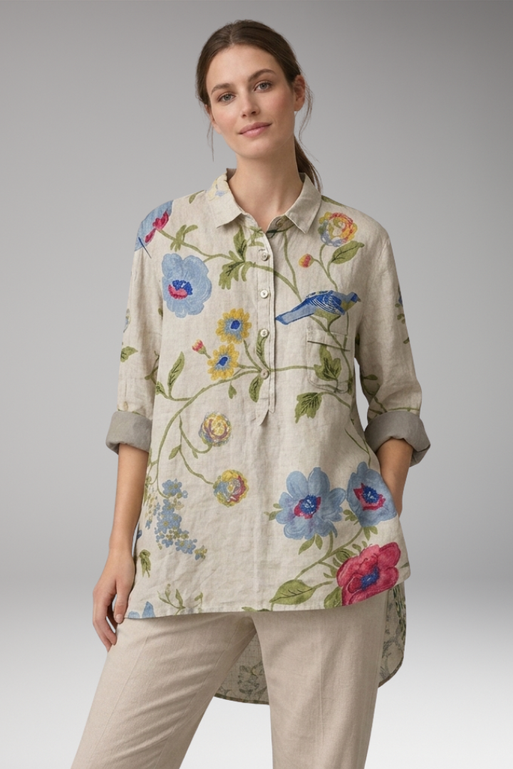 Women's Button-Down Shirt with Floral Print and Rolled Sleeves
