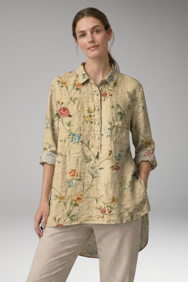 Women's Button-Down Shirt with Floral Print and Rolled Sleeves