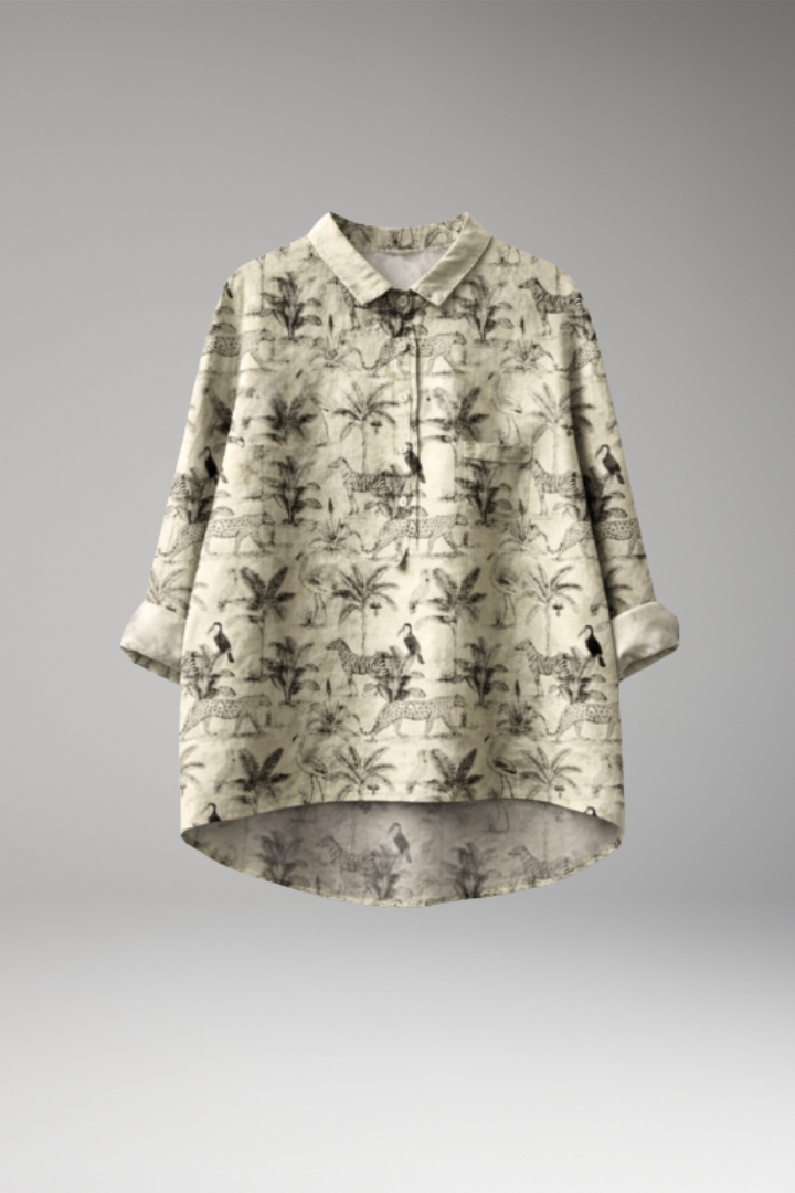 Women's Button-Down Shirt with Floral Print and Rolled Sleeves