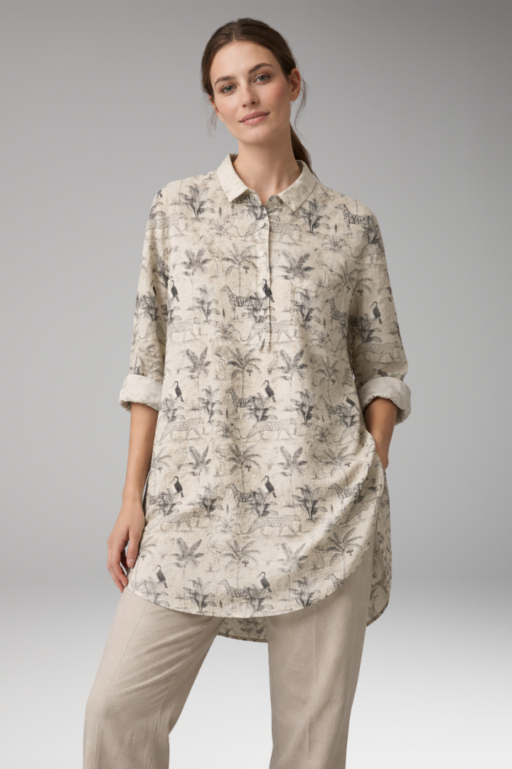 Women's Button-Down Shirt with Floral Print and Rolled Sleeves