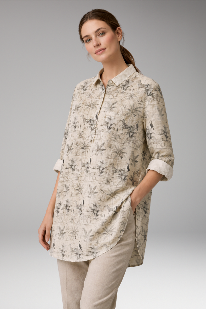 Women's Button-Down Shirt with Floral Print and Rolled Sleeves