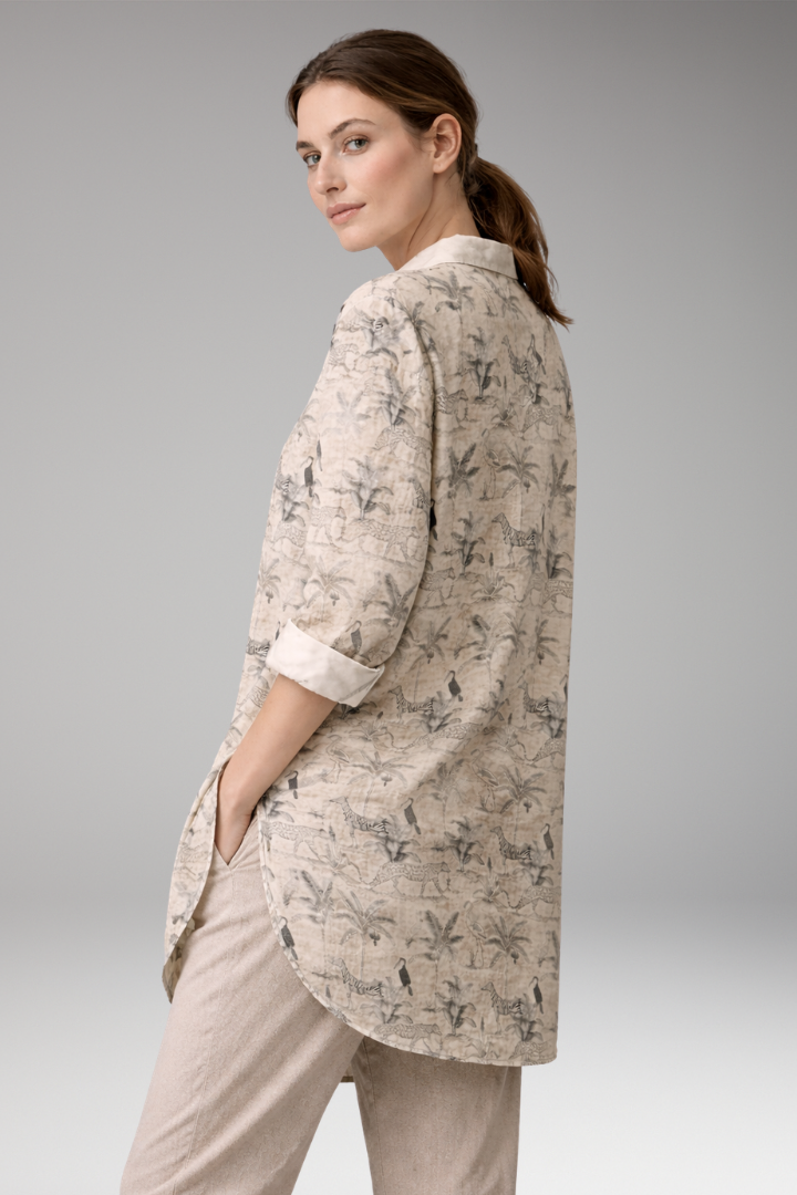 Women's Button-Down Shirt with Floral Print and Rolled Sleeves