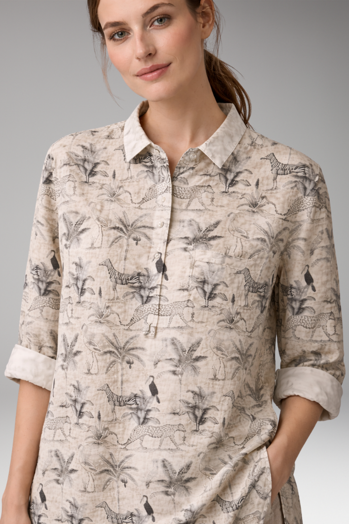 Women's Button-Down Shirt with Floral Print and Rolled Sleeves