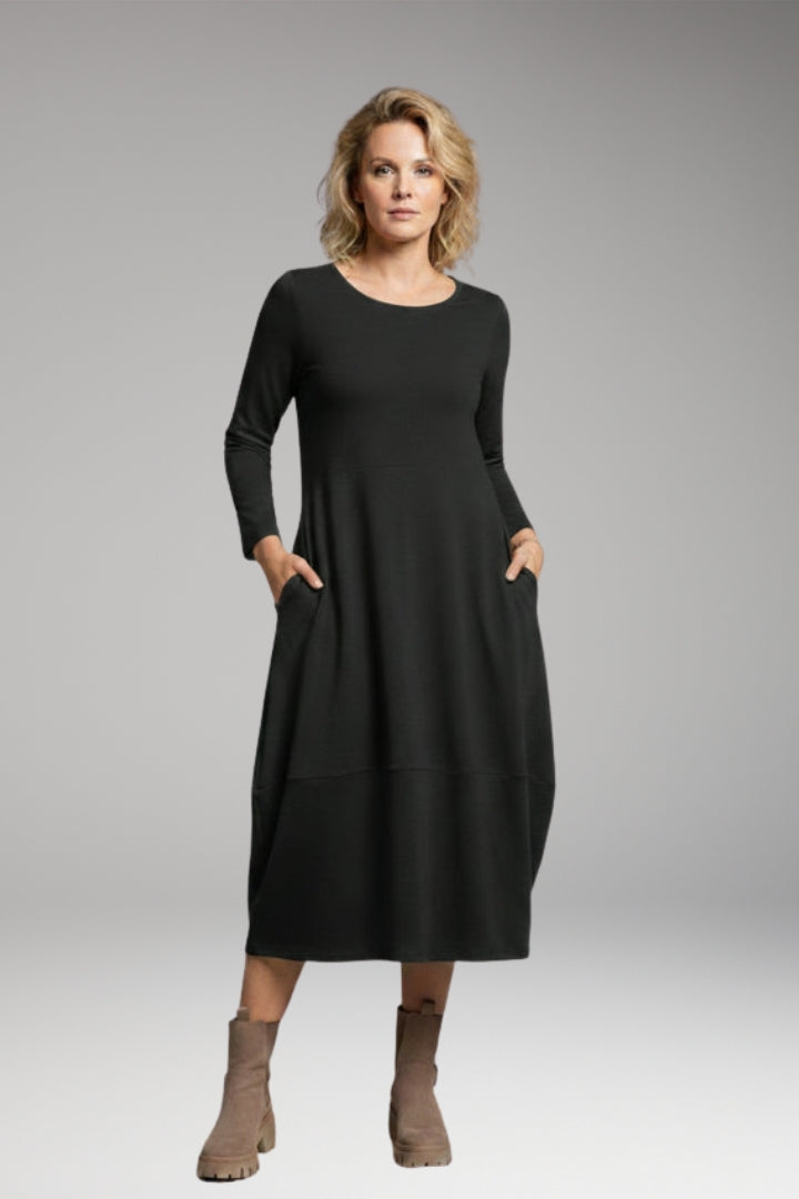 Women's Casual A-line Dress with Round Neck and Long Sleeves