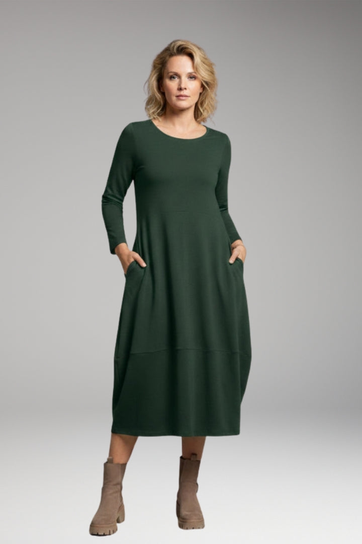 Women's Casual A-line Dress with Round Neck and Long Sleeves