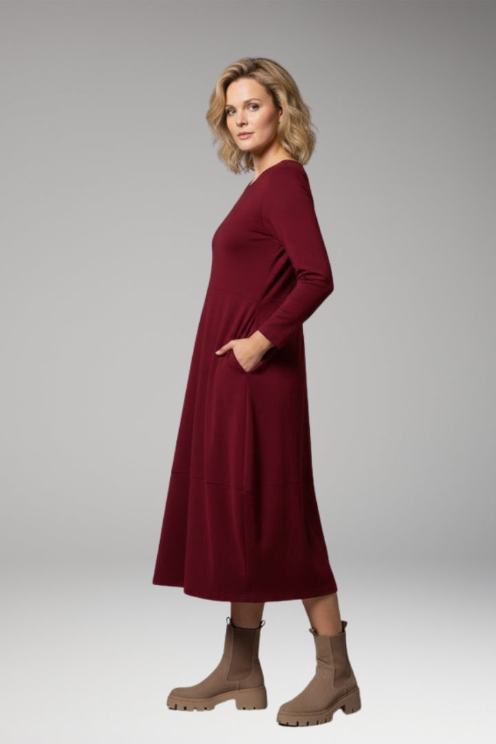 Women's Casual A-line Dress with Round Neck and Long Sleeves