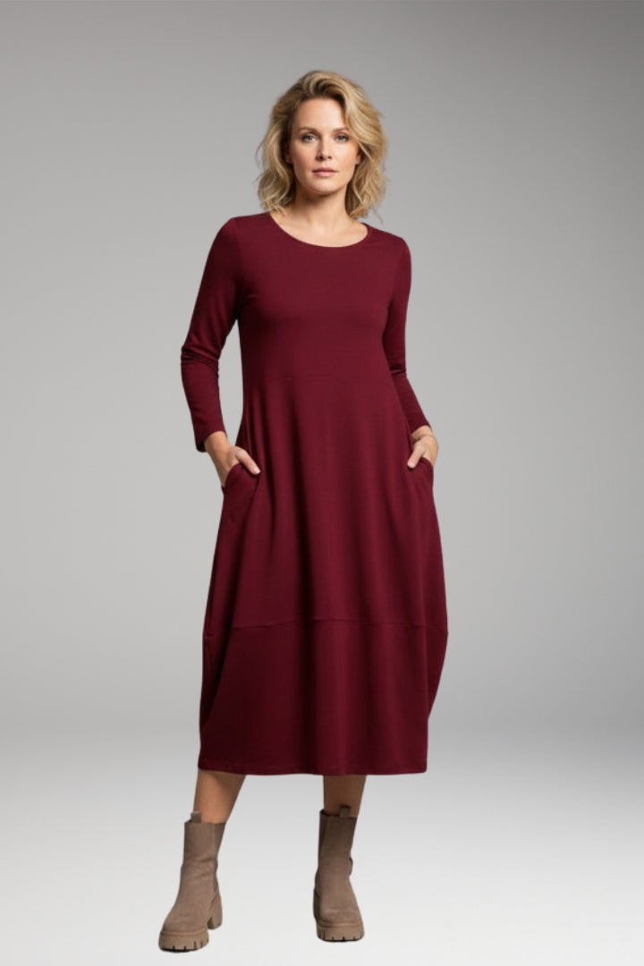 Women's Casual A-line Dress with Round Neck and Long Sleeves