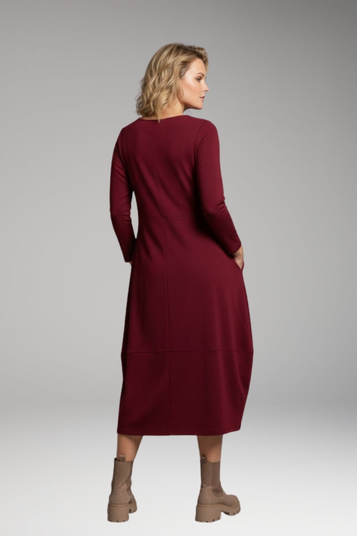 Women's Casual A-line Dress with Round Neck and Long Sleeves