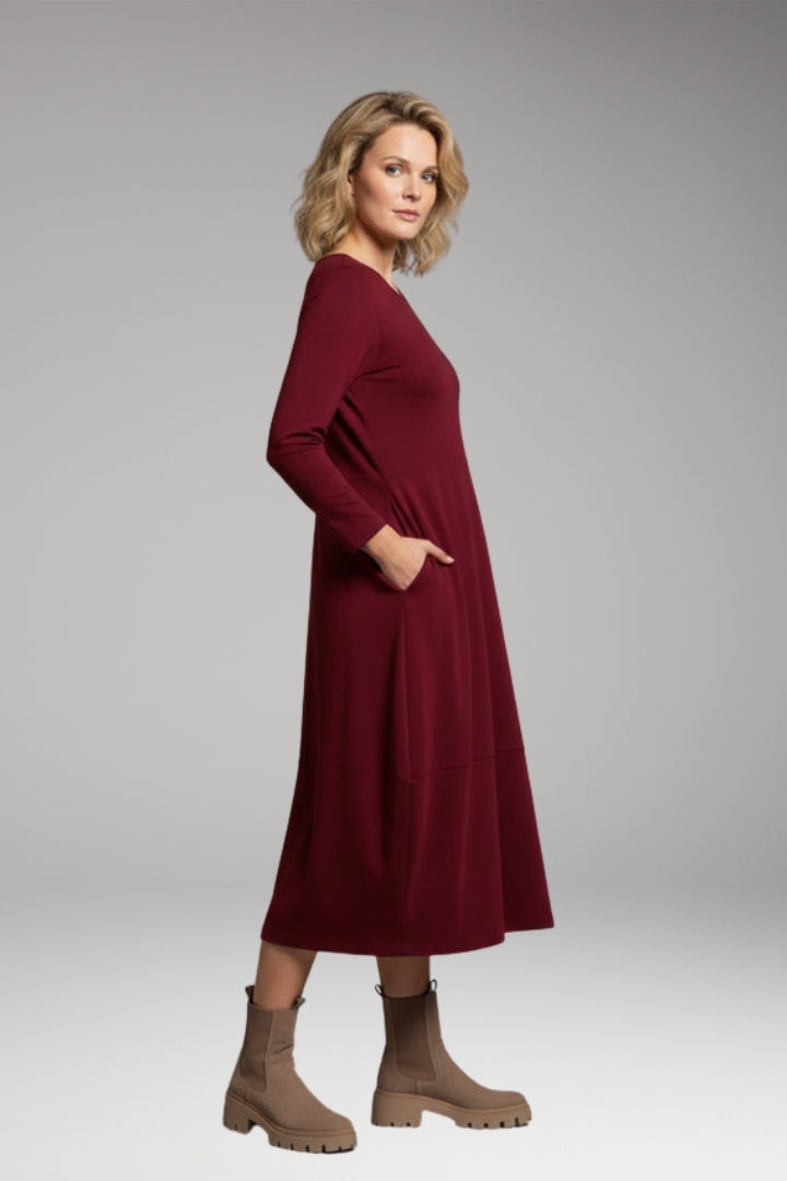 Women's Casual A-line Dress with Round Neck and Long Sleeves