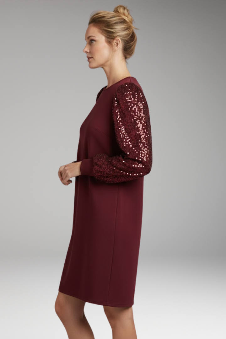 Women's Casual Dress with Glittering Sleeves and Relaxed Fit