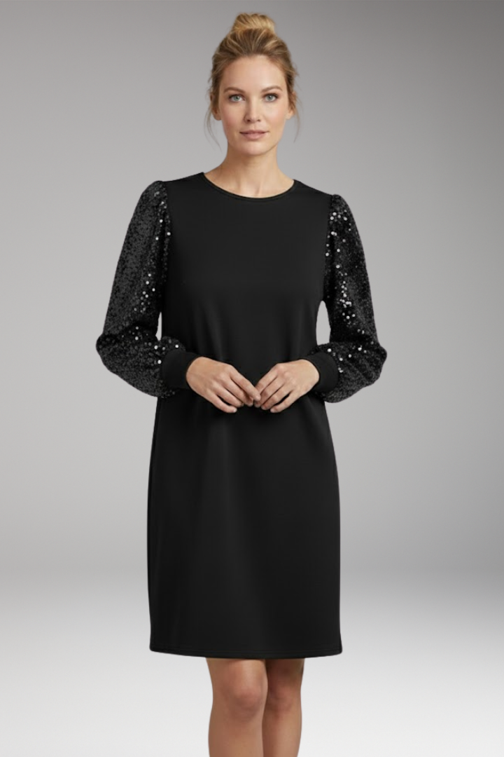 Women's Casual Dress with Glittering Sleeves and Relaxed Fit