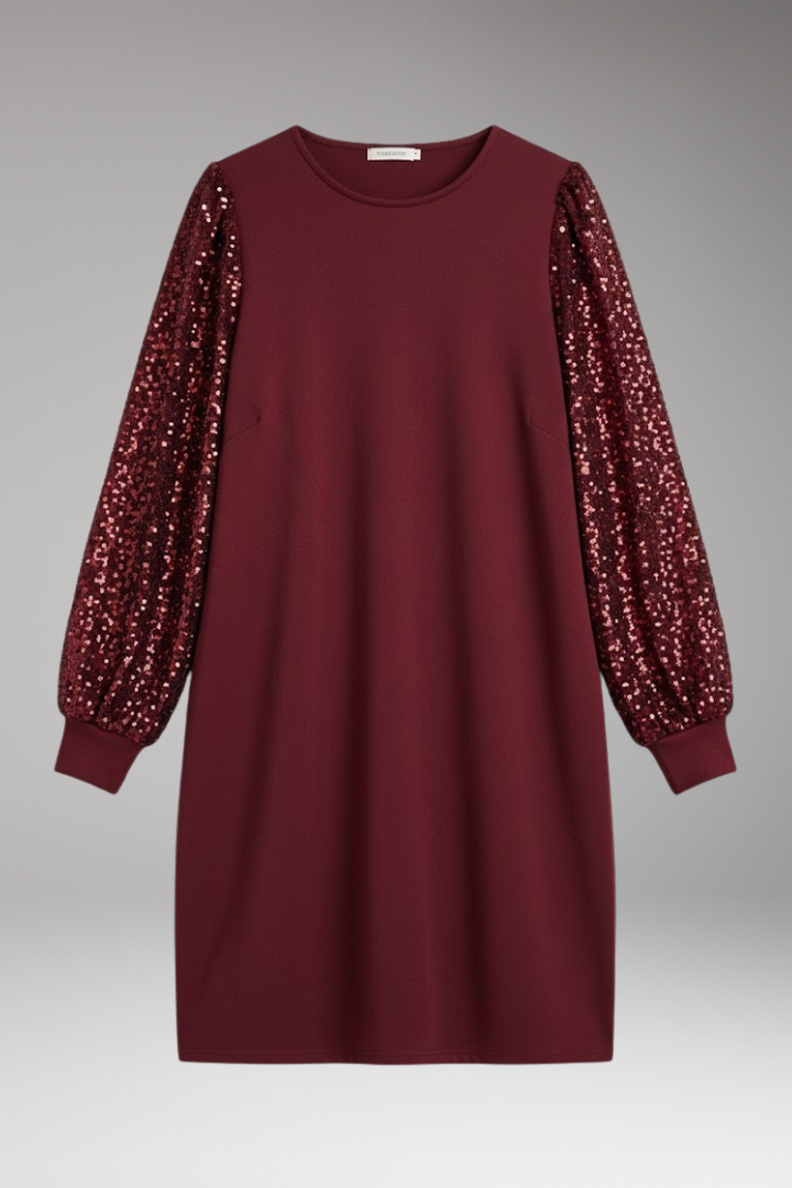 Women's Casual Dress with Glittering Sleeves and Relaxed Fit
