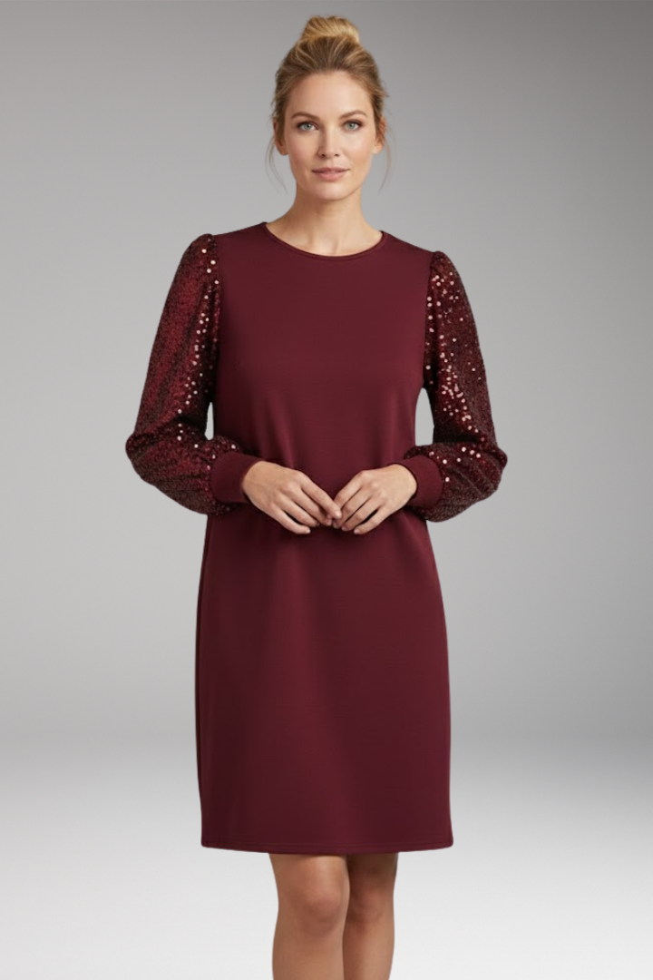 Women's Casual Dress with Glittering Sleeves and Relaxed Fit