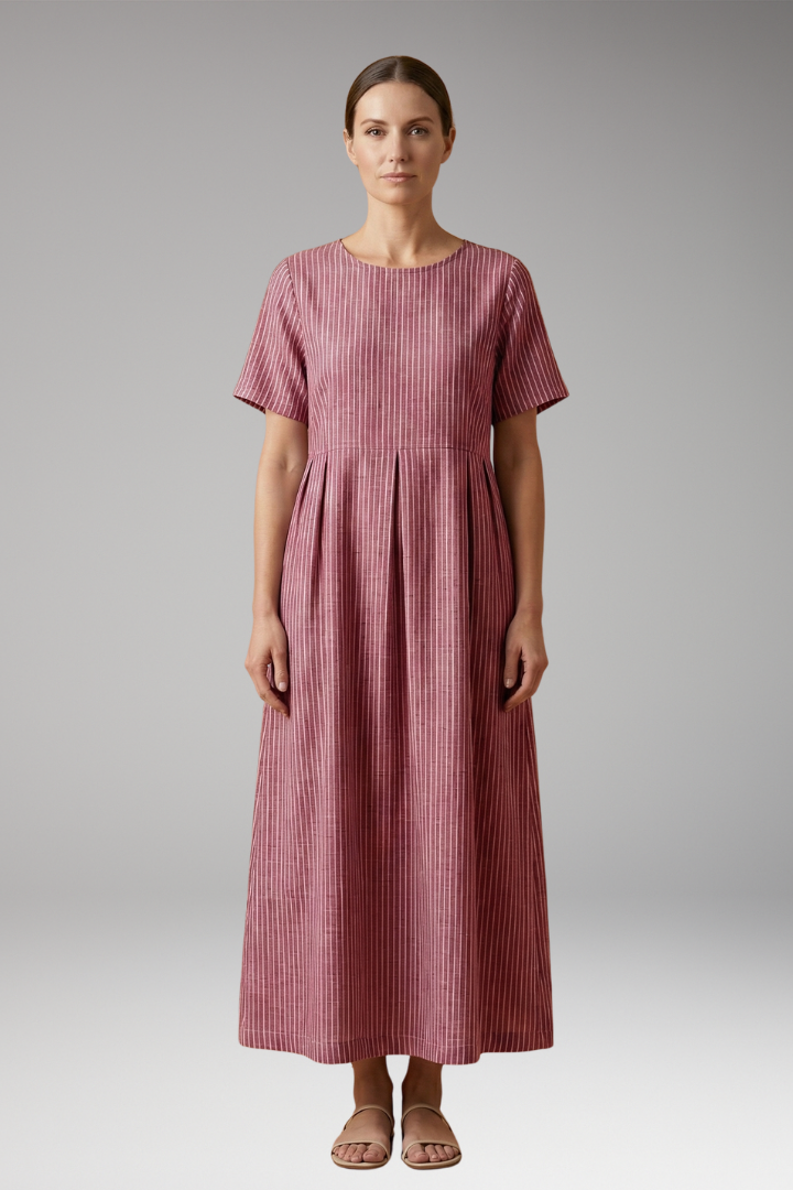 Women's Casual Long Dress with Pleated Waist and Side Pockets