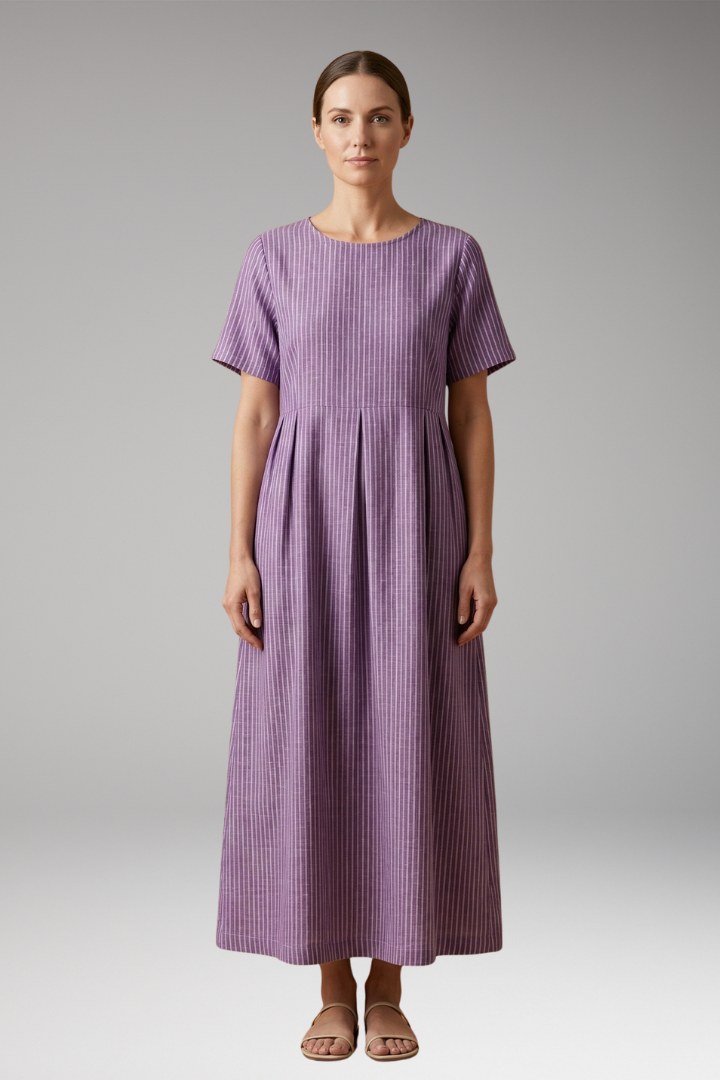 Women's Casual Long Dress with Pleated Waist and Side Pockets