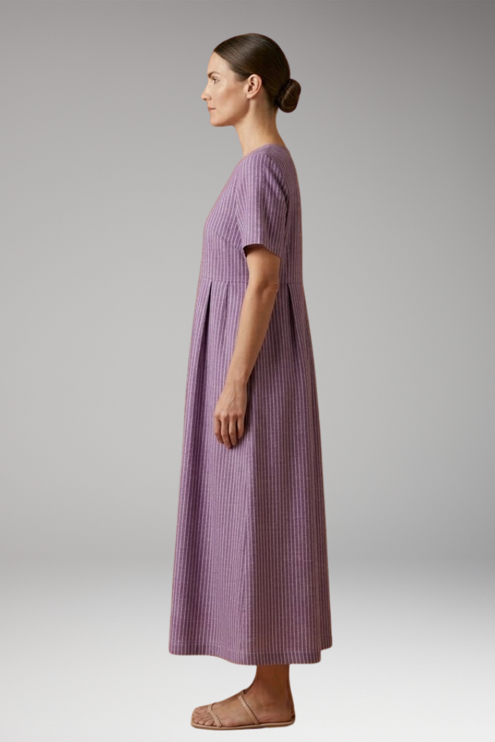 Women's Casual Long Dress with Pleated Waist and Side Pockets