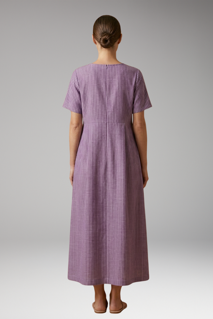 Women's Casual Long Dress with Pleated Waist and Side Pockets