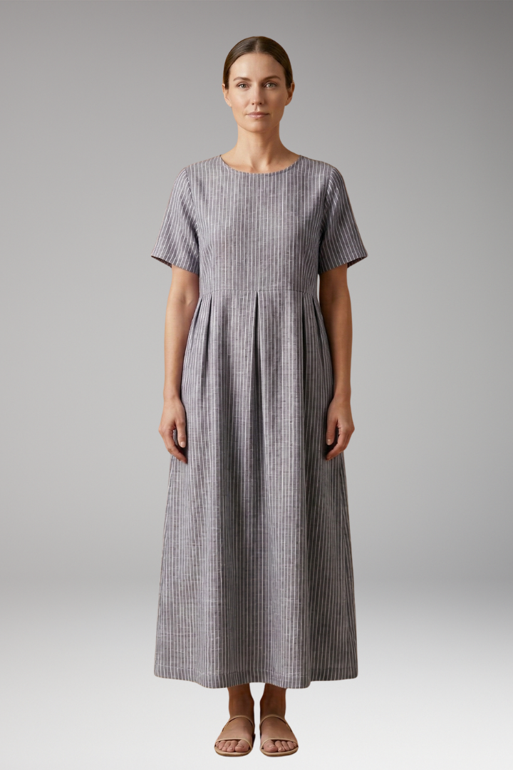 Women's Casual Long Dress with Pleated Waist and Side Pockets