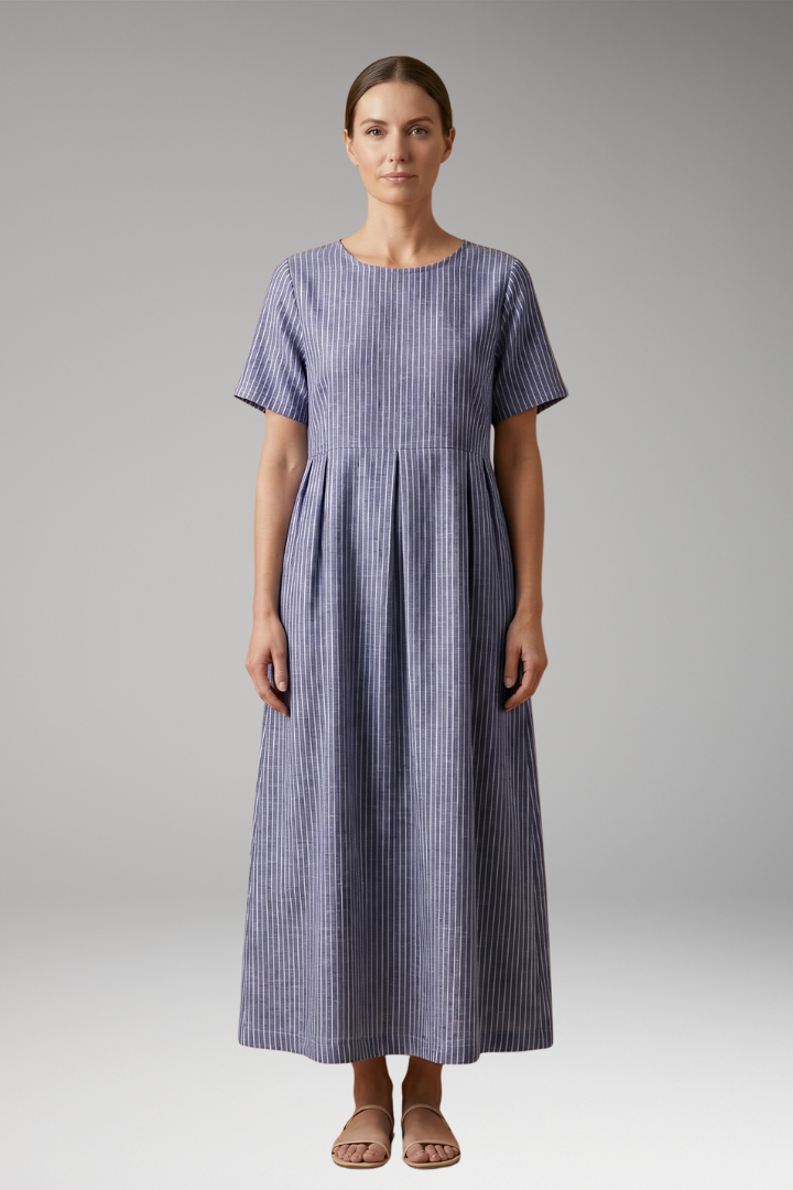 Women's Casual Long Dress with Pleated Waist and Side Pockets