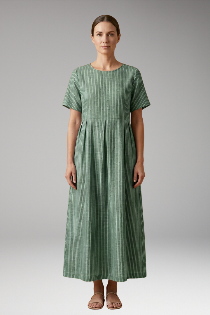 Women's Casual Long Dress with Pleated Waist and Side Pockets