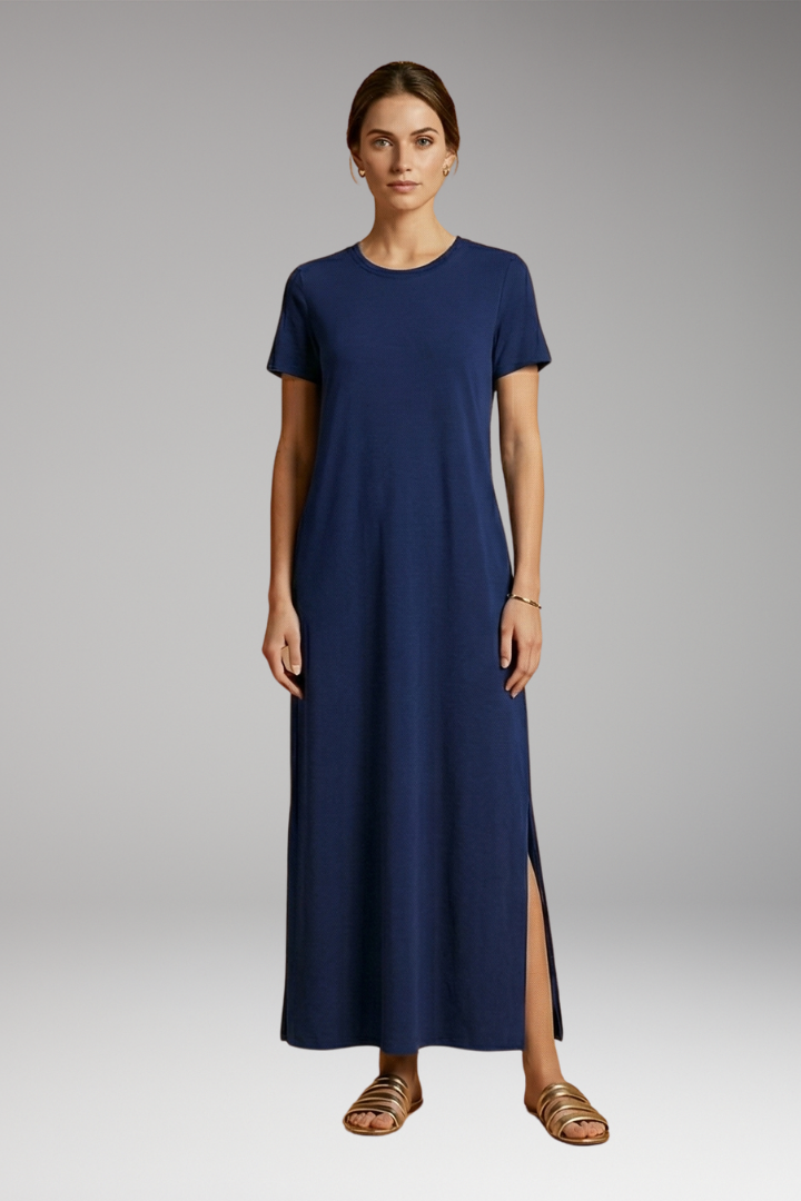 Women's Casual Maxi Dress with Round Neck and Flowy Silhouette