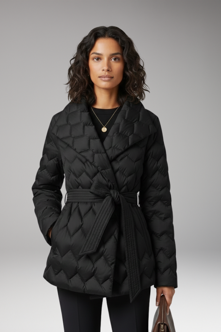 Women's Coat with Belt and Quilted Surface