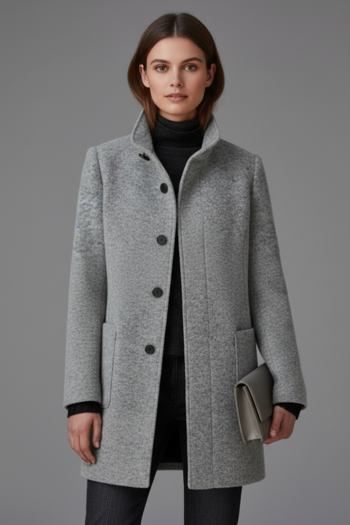 Women’s Coat with Stand Collar and Button Closure