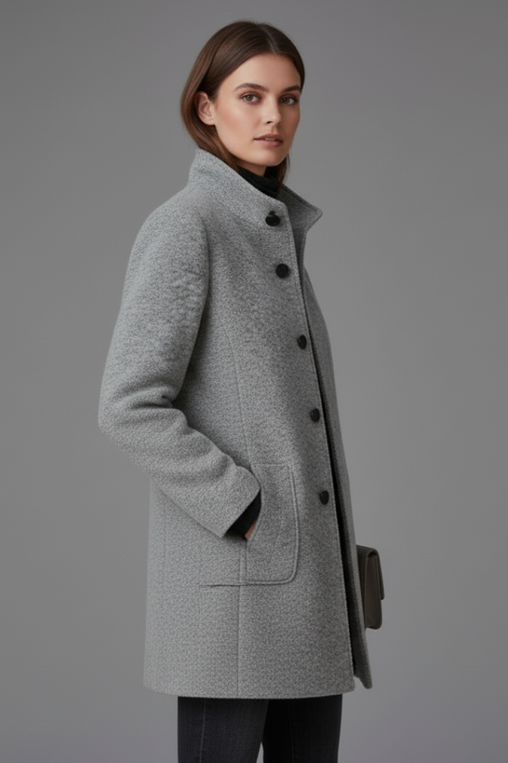 Women’s Coat with Stand Collar and Button Closure