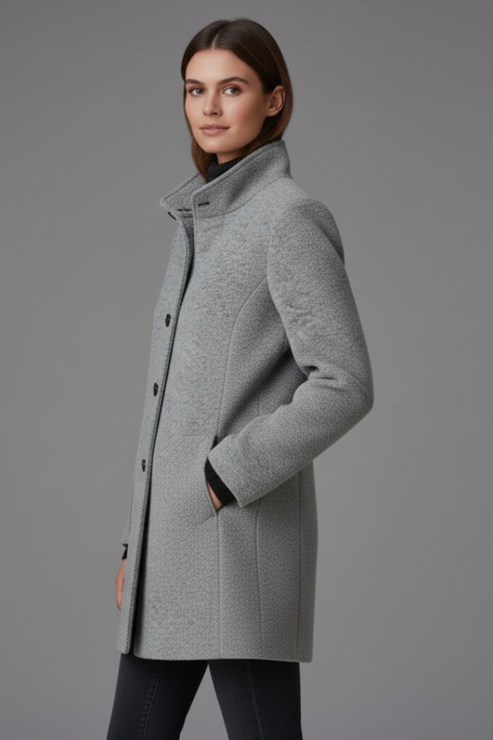Women’s Coat with Stand Collar and Button Closure