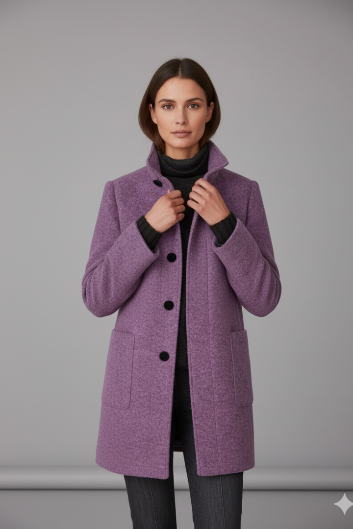 Women’s Coat with Stand Collar and Button Closure