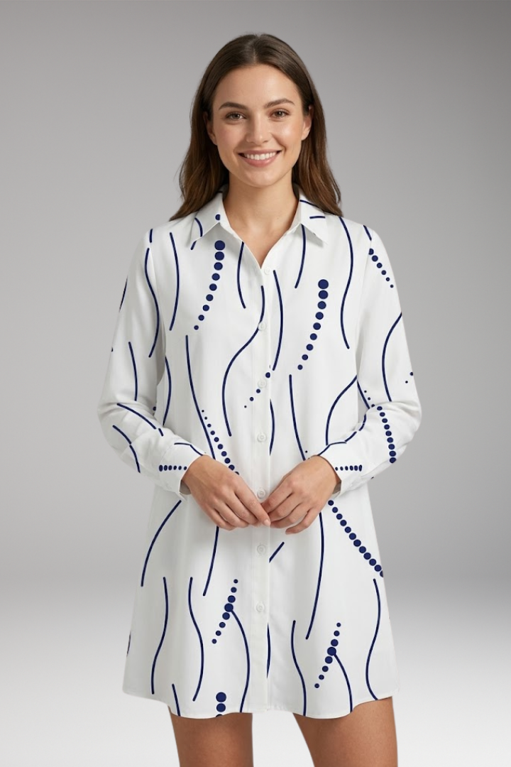 Women's Collar Mini Dress Shirt with Button Front and Wavy Print