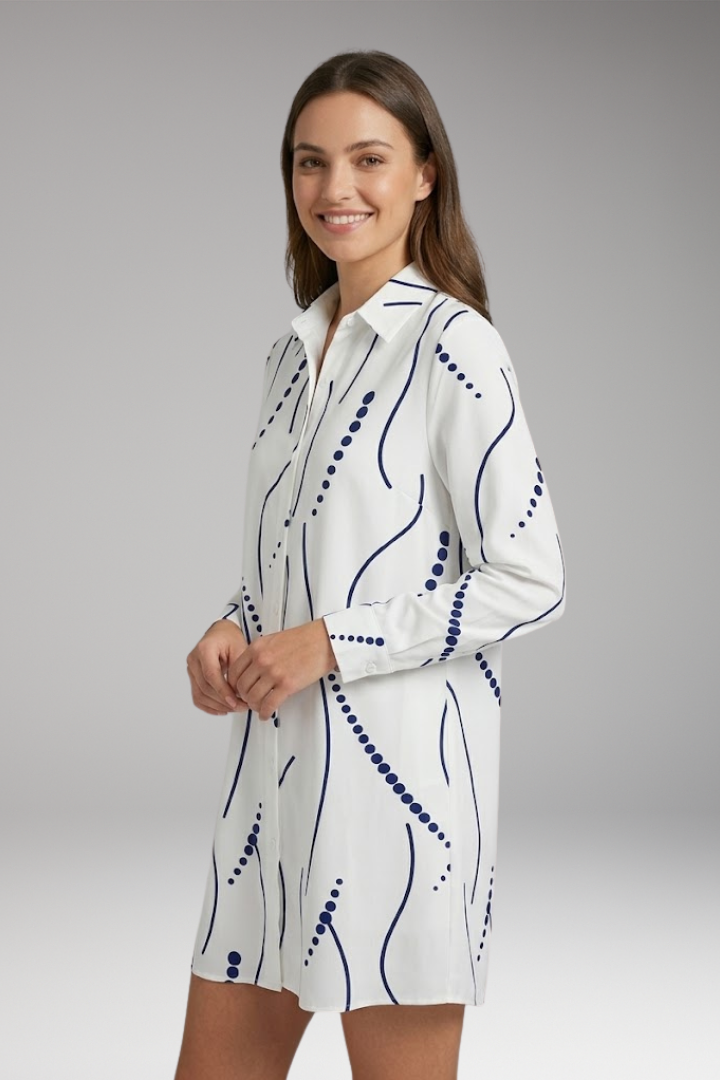 Women's Collar Mini Dress Shirt with Button Front and Wavy Print