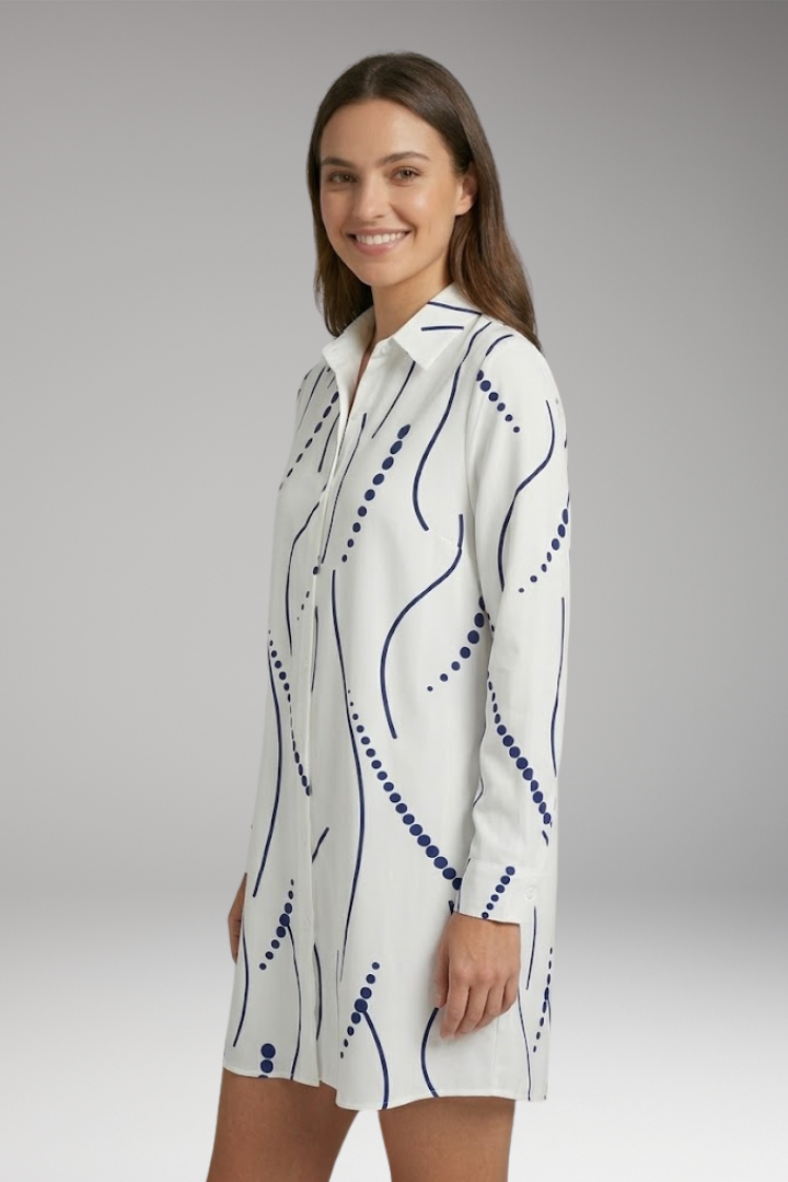 Women's Collar Mini Dress Shirt with Button Front and Wavy Print
