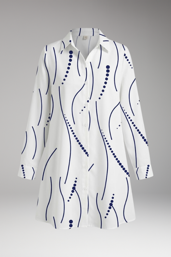 Women's Collar Mini Dress Shirt with Button Front and Wavy Print