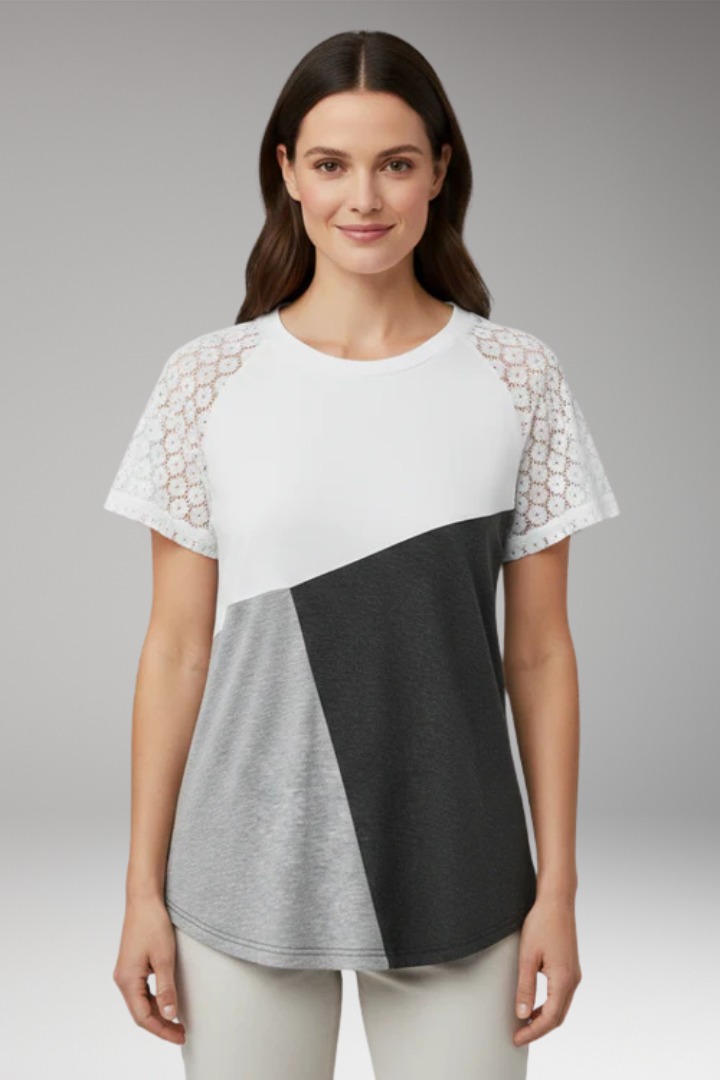 Women's Color Block T Shirt with Lace Sleeves
